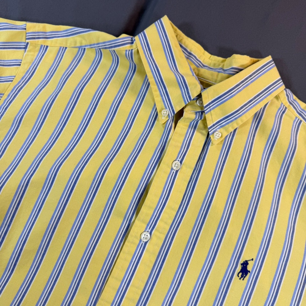 Ralph Lauren Classic Fit Mens Large Yellow Blue Striped Short Sleeve Oxford